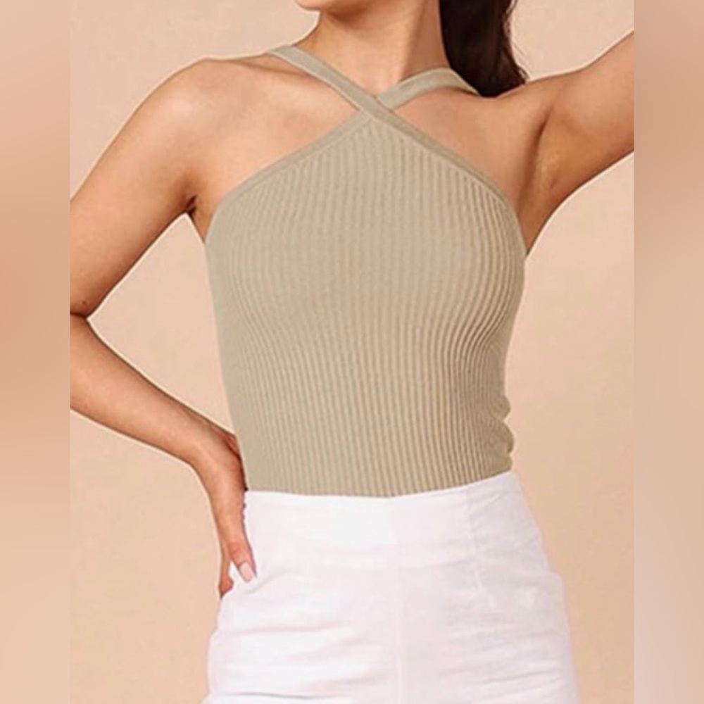 Essendi SILK Beige Stretch Tank Top Cross Neck front Sleeveless Size Medium NWOT